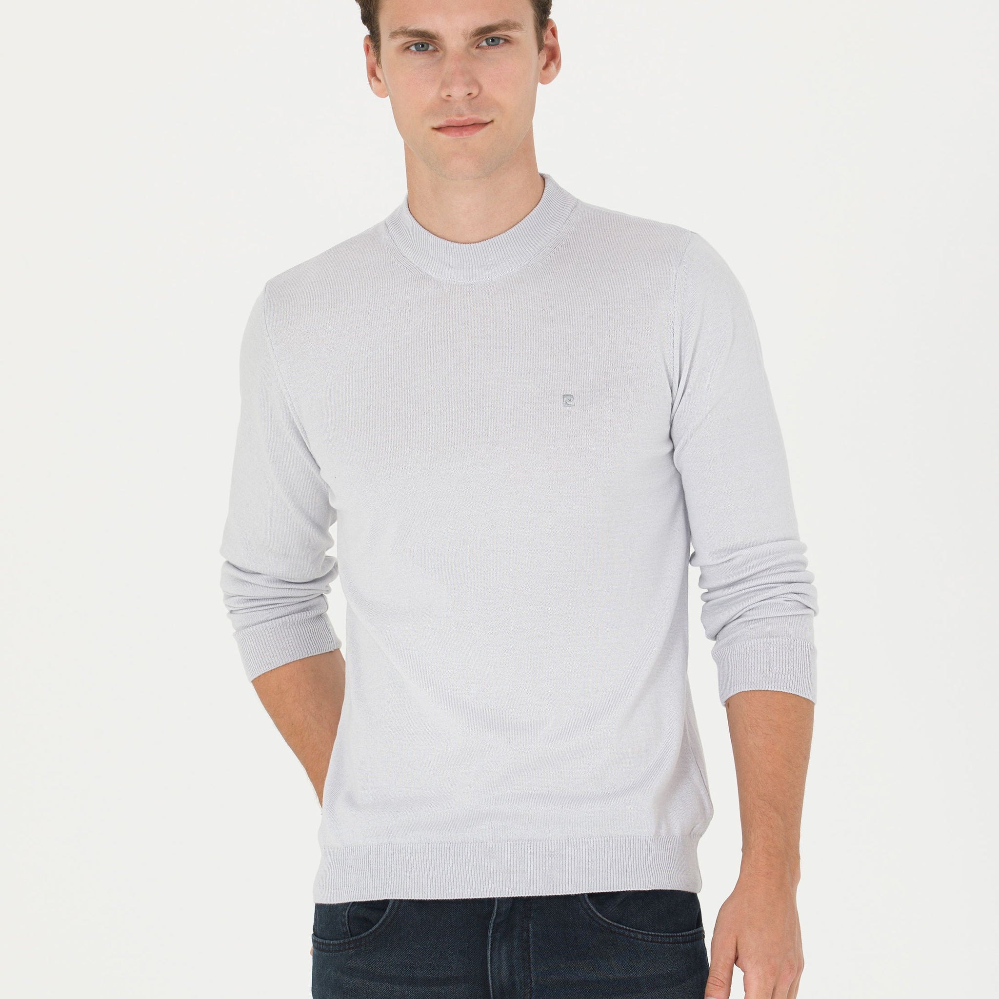 Cream Melange Slim Fit Quarter Neck Basic Knitwear Sweater