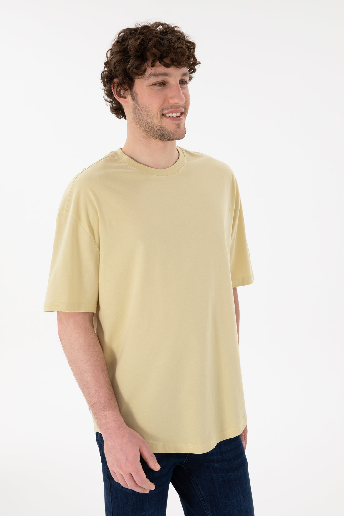 Men's Long Fit Crew Neck Open Khaki Basic T-Shirt