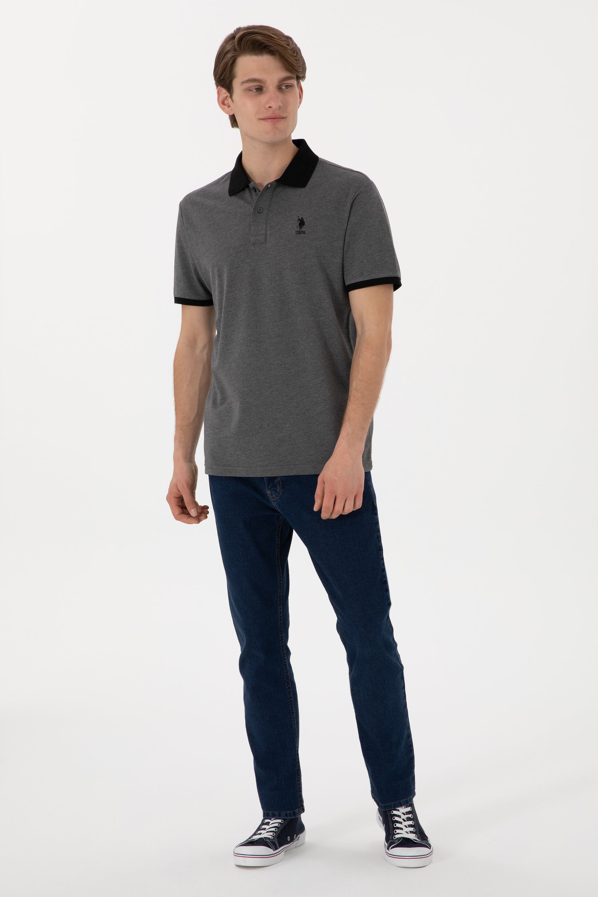 Men's Regular Fit Polo Neck Anthracite Melange Basic T-Shirt