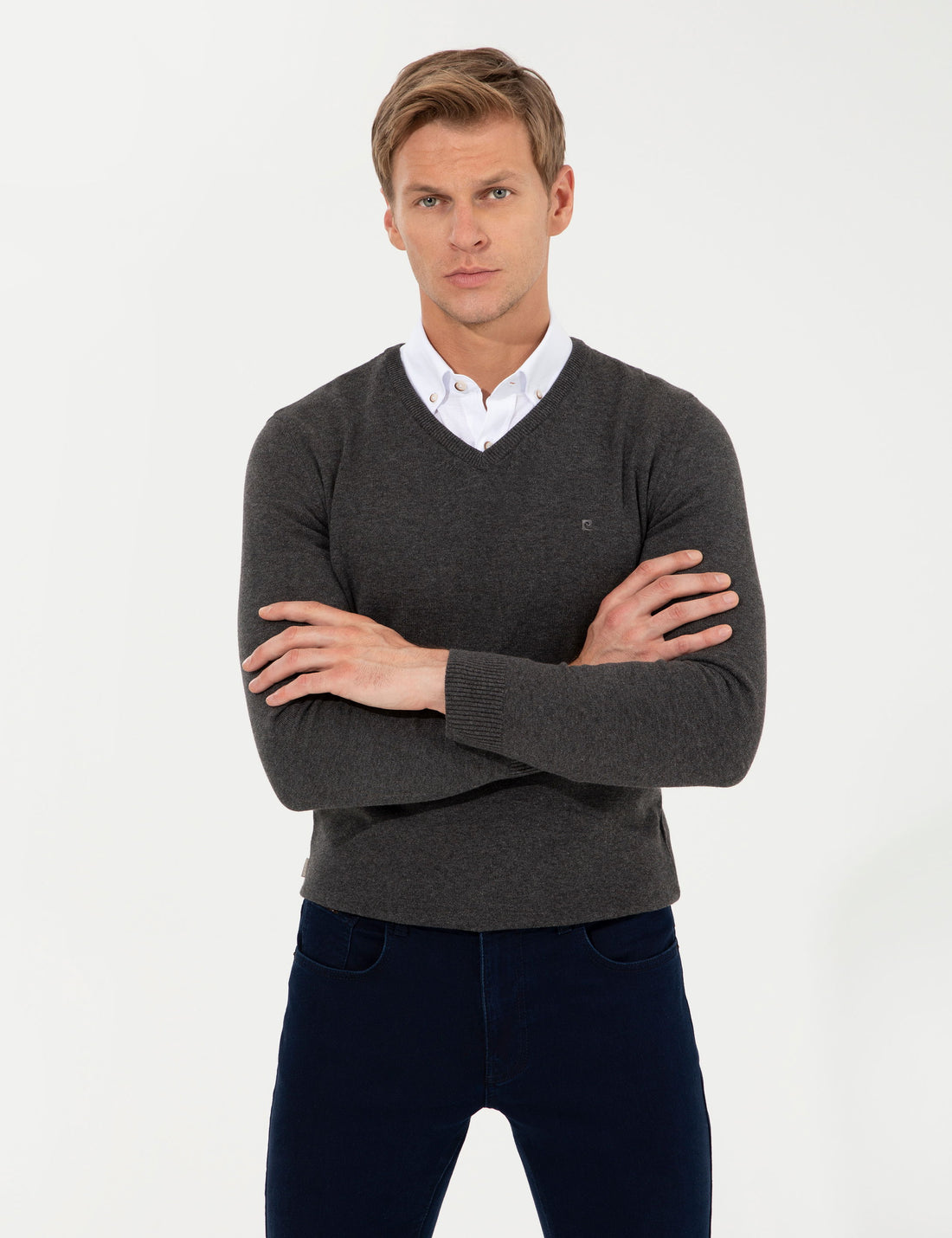 Grey Melange Slim Fit V Neck Basic Knitwear Sweater