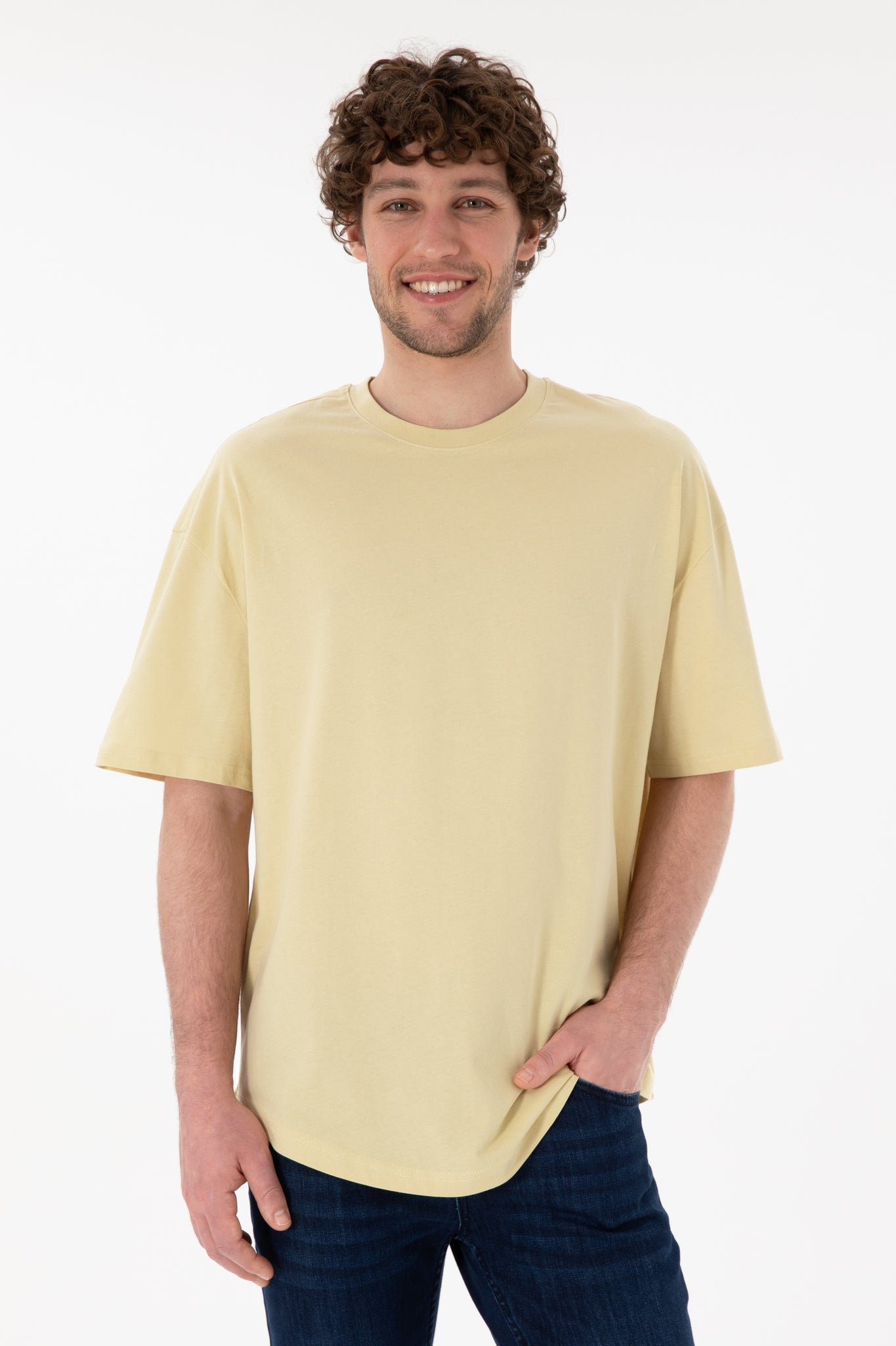 Men's Long Fit Crew Neck Open Khaki Basic T-Shirt