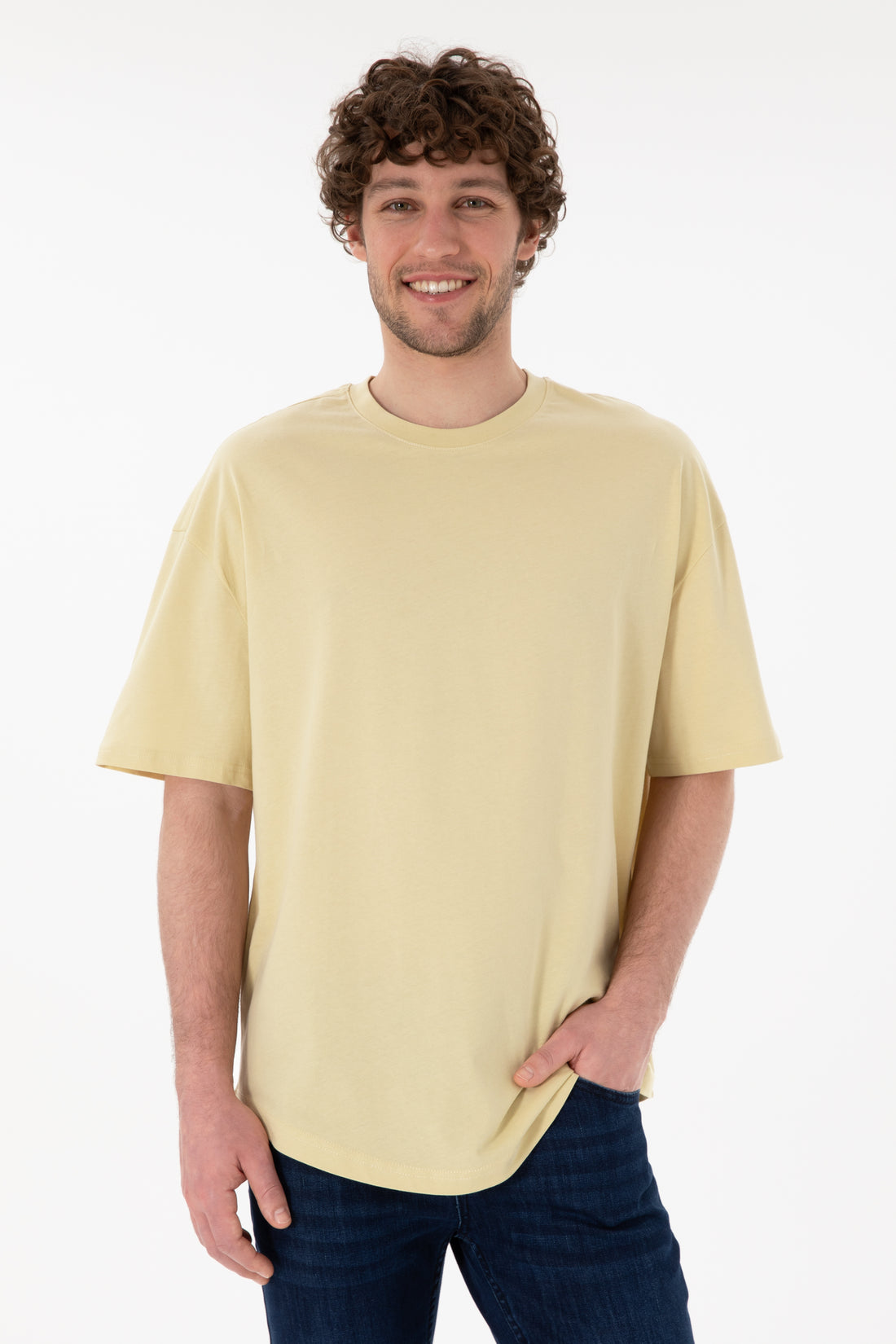 Men's Long Fit Crew Neck Open Khaki Basic T-Shirt