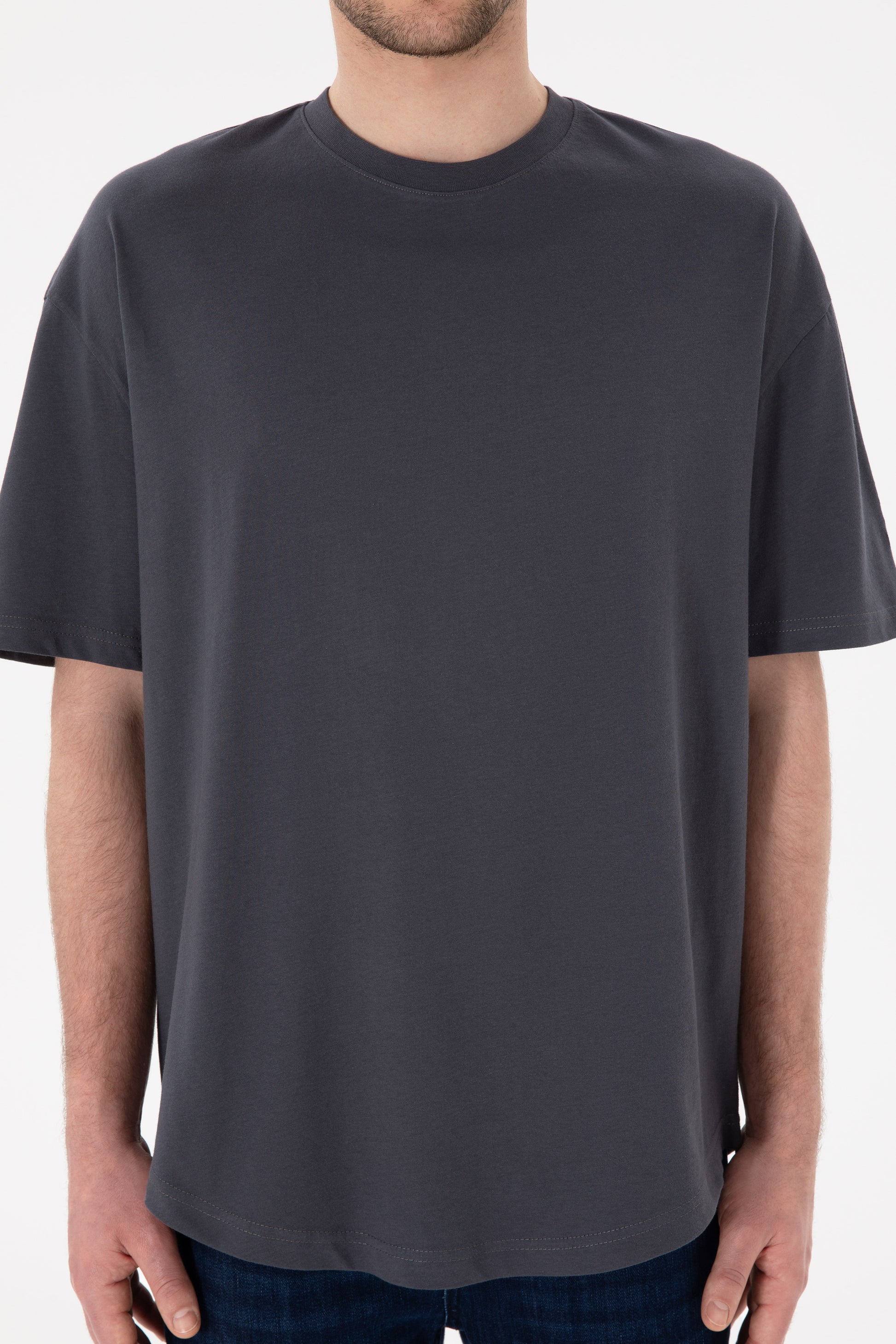 Men's Long Fit Crew Neck Anthracite Basic T-Shirt