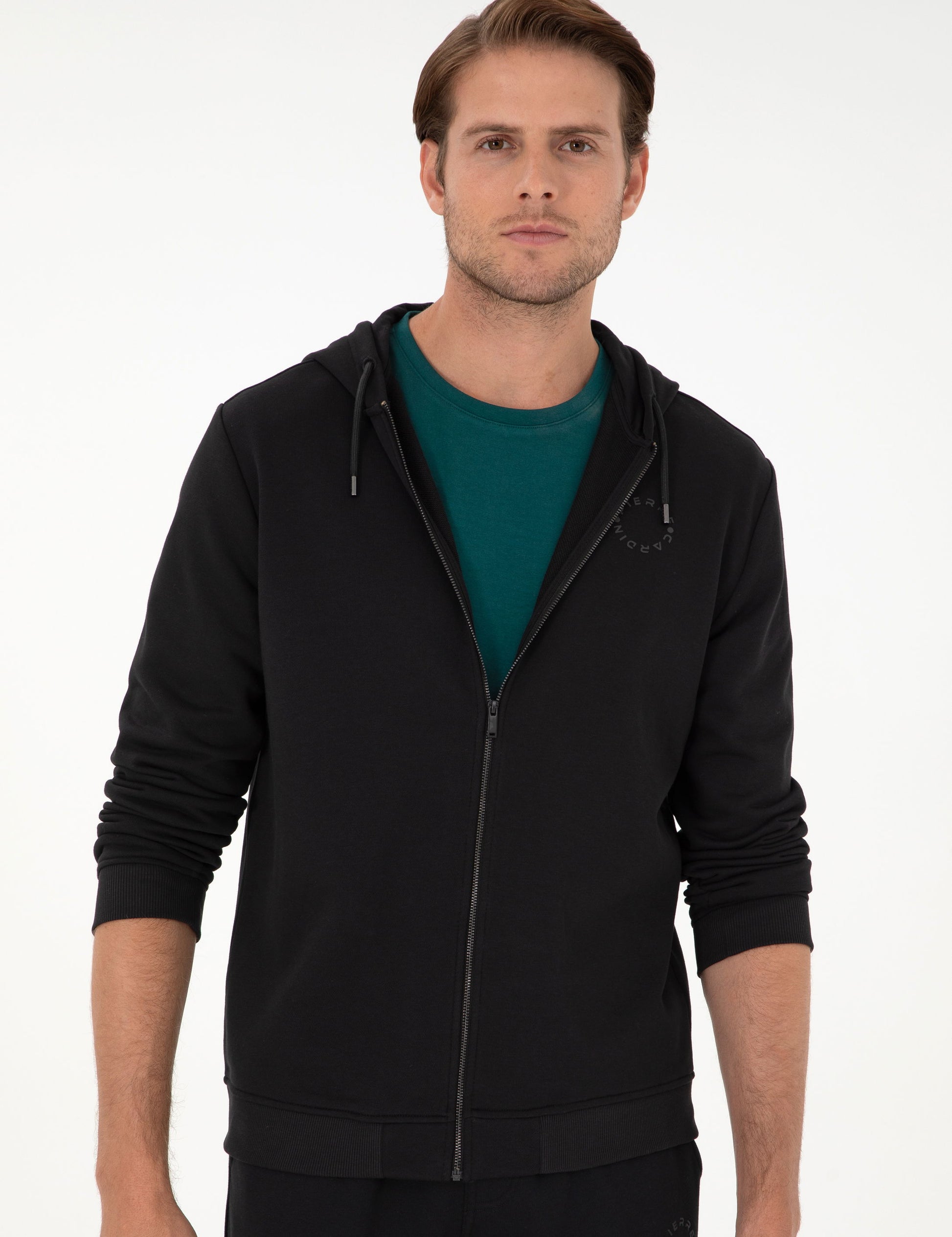 Black Regular Fit Zipper Tracksuit Top