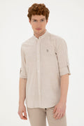 Mens Judge Collar Striped Khaki Shirt