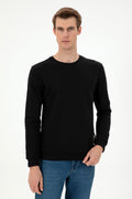 Men's Regular Fit Crew Neck Label Print Black Sweatshirt