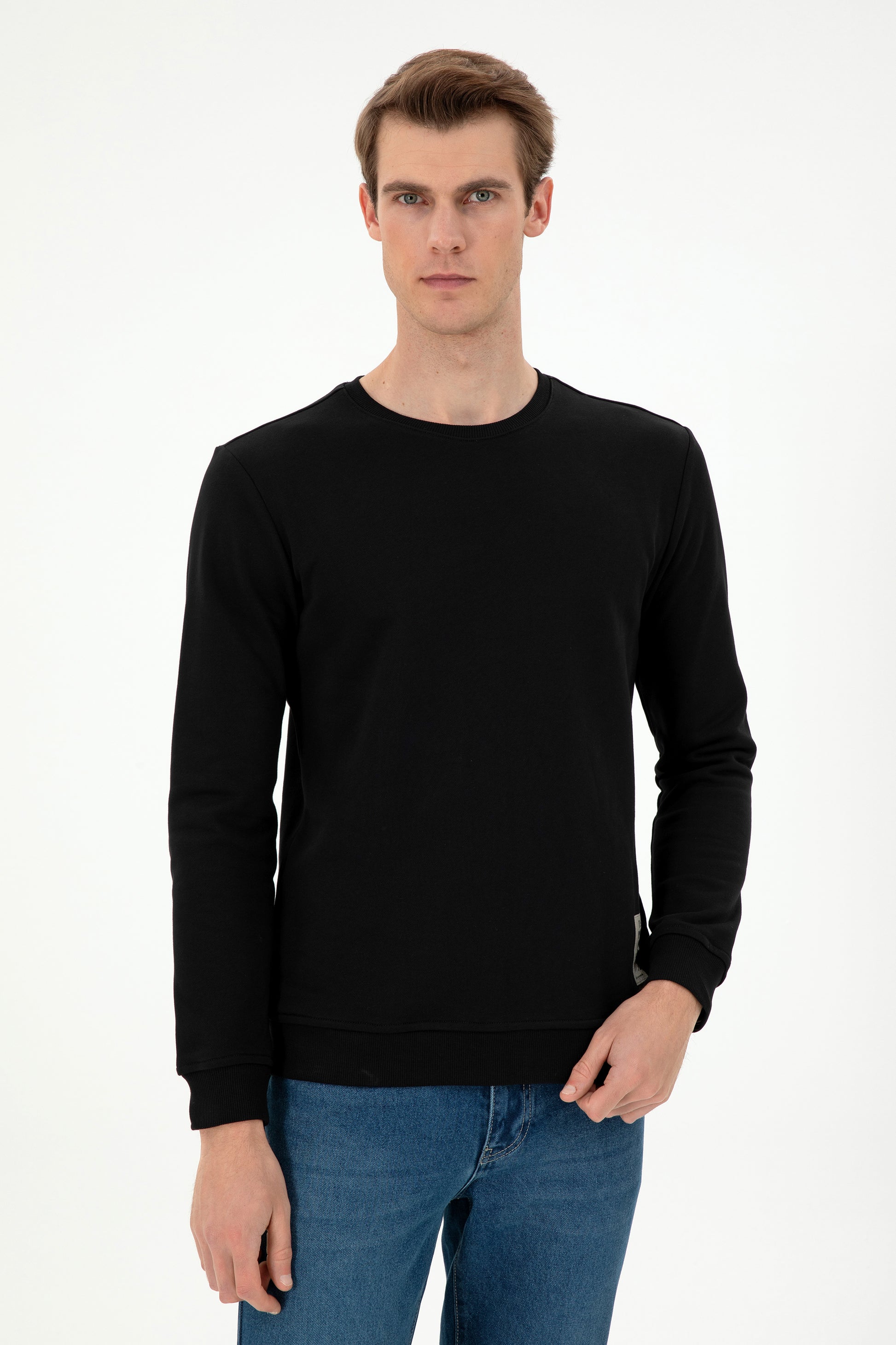 Men's Regular Fit Crew Neck Label Print Black Sweatshirt