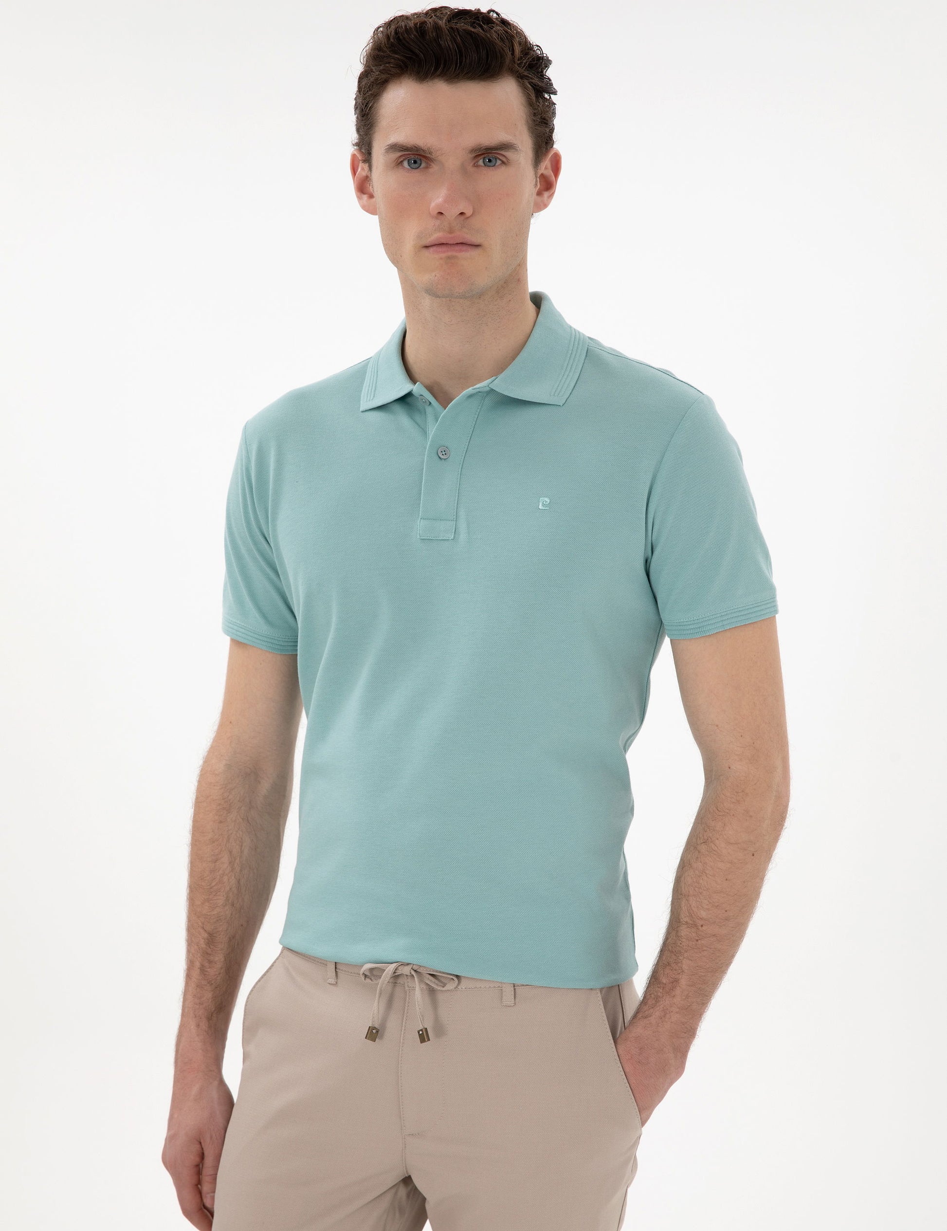 Dark Mint Slim Fit No-Fold Polo Neck Basic T-Shirt