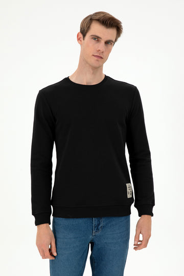 Men's Regular Fit Crew Neck Label Print Black Sweatshirt