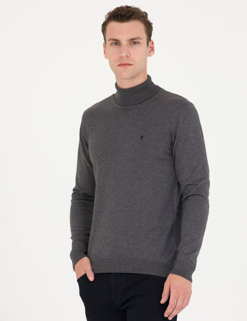 Grey Melange Slim Fit Turtleneck Basic Knitwear Sweater