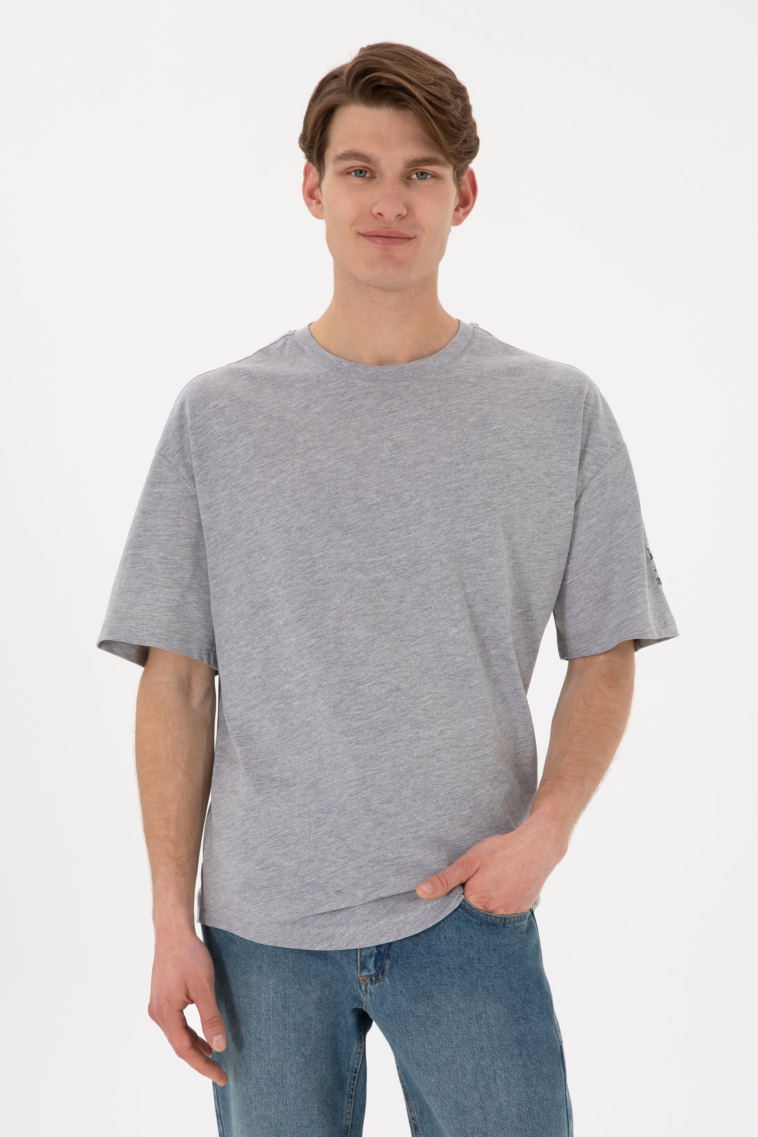 Men's Long Fit Crew Neck Grey Melange Basic T-Shirt