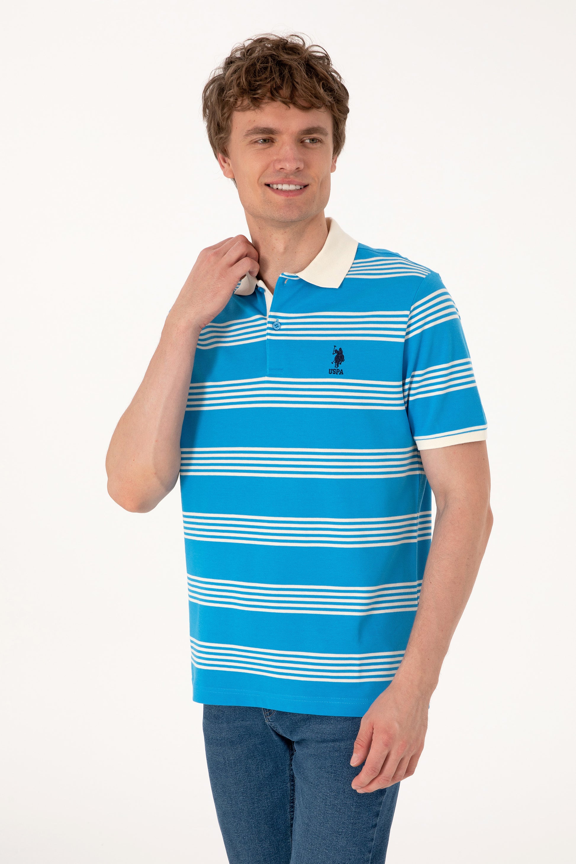 Men's Regular Fit Polo Neck Turquoise Striped T-Shirt