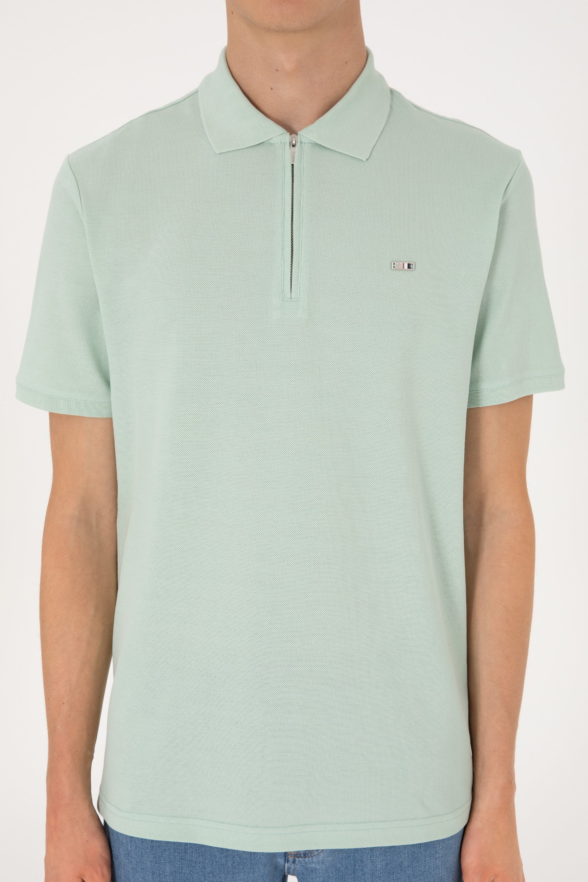 Men's Regular Fit Zipper Water Green T-Shirt
