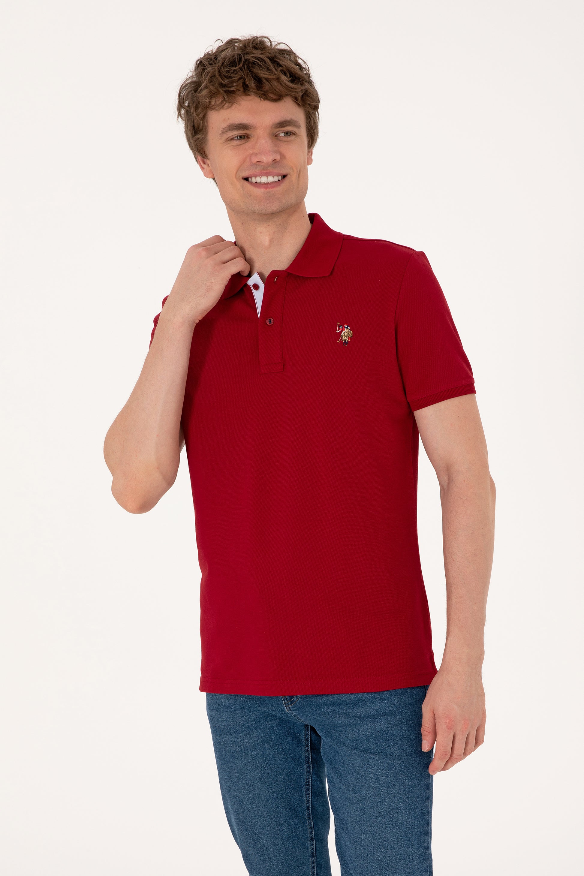 Men's Slim Fit Polo Neck Burgundy Basic T-Shirt
