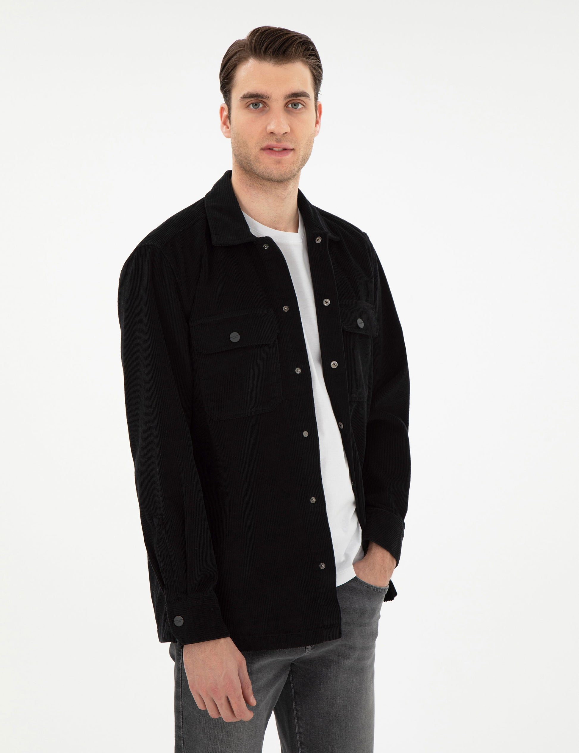 Siyah Klasik Yaka ��ift Cepli Oversize G��mlek Ceket