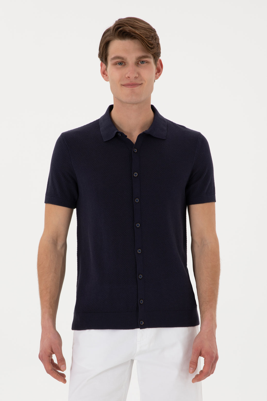Men's Regular Fit Navy Blue Buttoned Knitwear T-Shirt