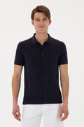 Men's Regular Fit Navy Blue Buttoned Knitwear T-Shirt