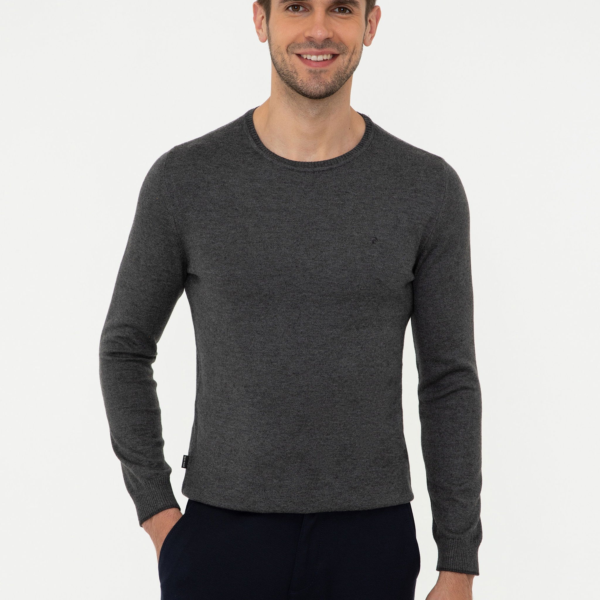 Grey Melange Slim Fit Crew Neck Basic Knitwear Sweater