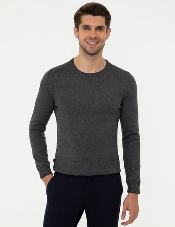 Grey Melange Slim Fit Crew Neck Basic Knitwear Sweater