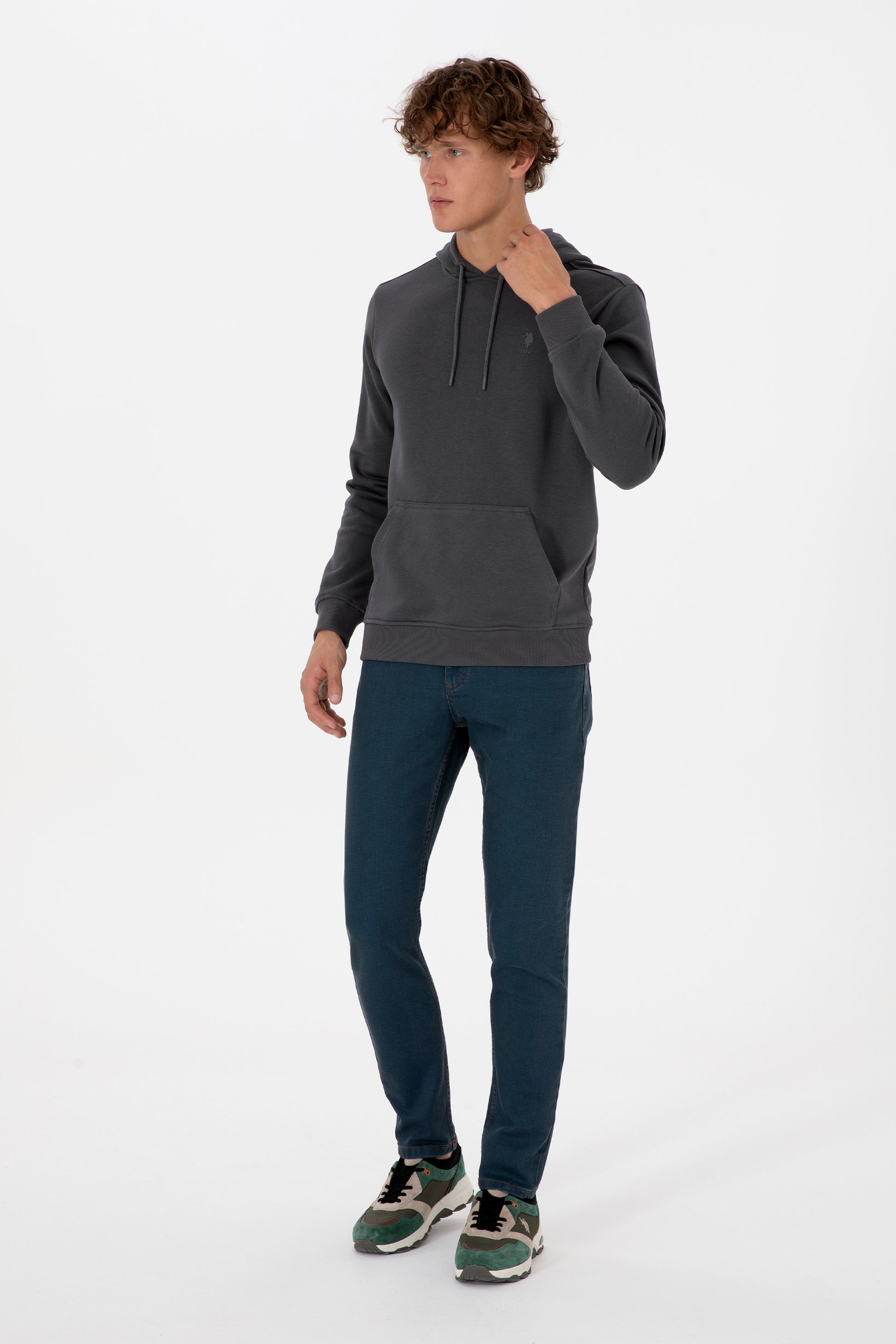 Erkek Regular Fit Kapişonlu Grı Basic Sweatshirt