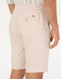 Beige Slim Fit Linen Waist Elastic Woven Shorts