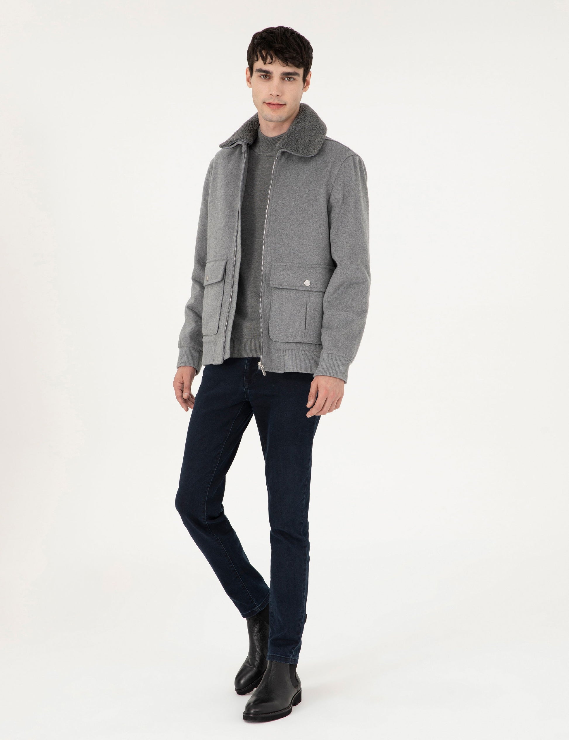 Grey Wool Blend Regular Fit Cashmere Coat