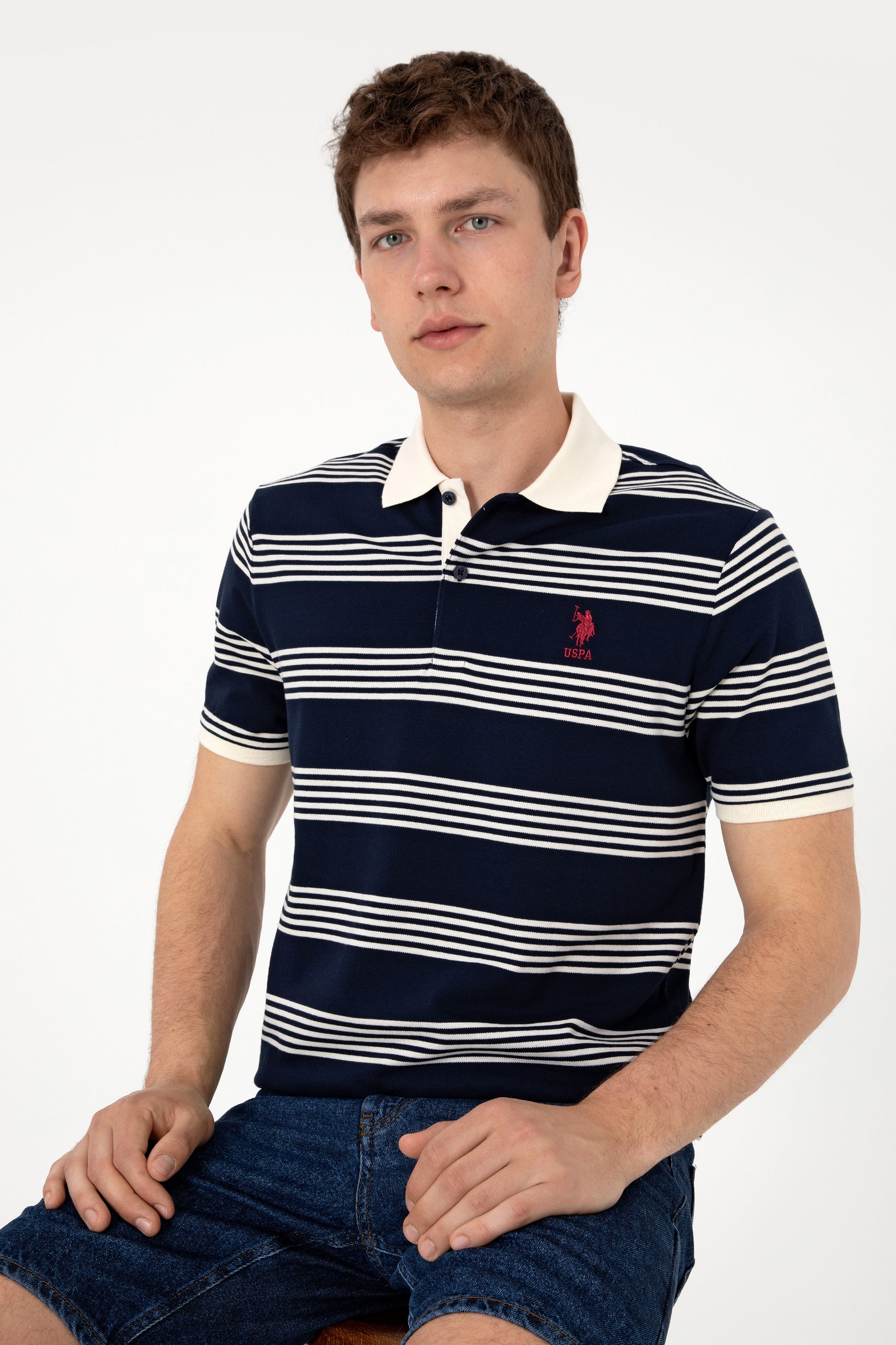 Men's Regular Fit Polo Neck Navy Striped T-Shirt