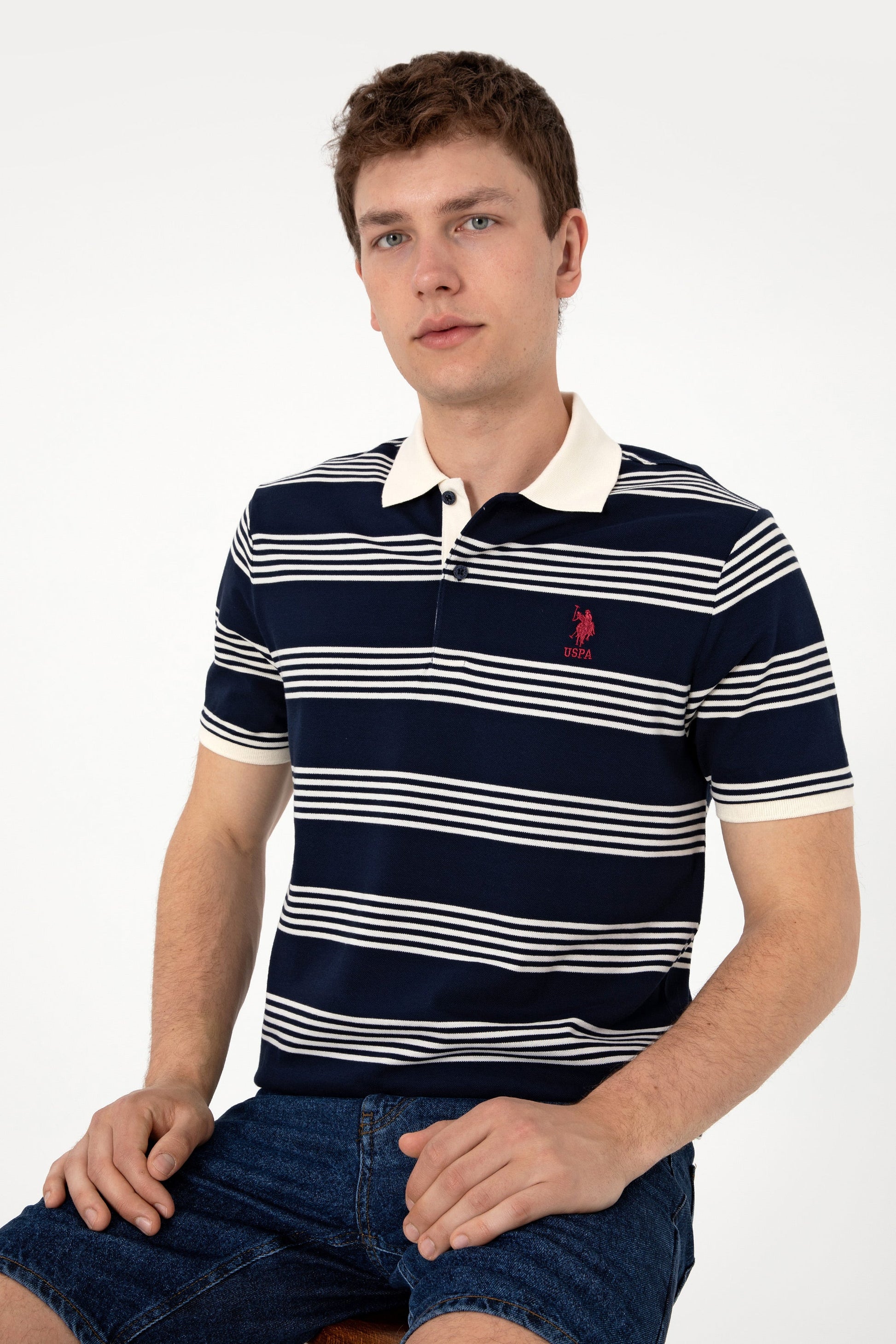 U.S. Polo Assn. - Men's Regular Fit Polo Neck Navy Striped T-Shirt