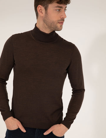 Brown Slim Fit Turtleneck Wool Blend Basic Knitwear Sweater