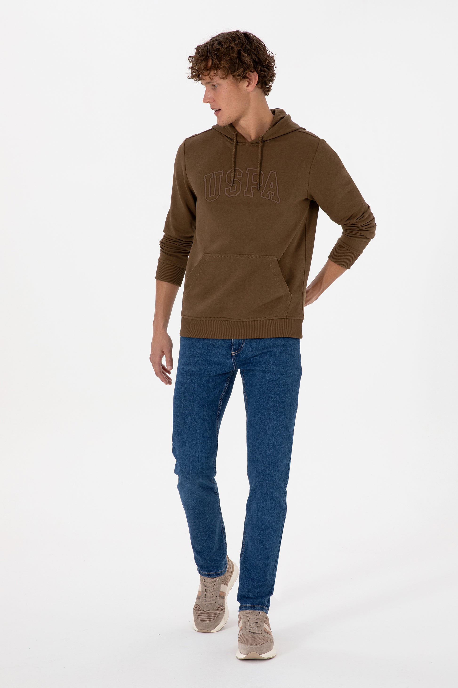 Erkek Regular Fit Kapüşonlu Haki Basic Sweatshirt