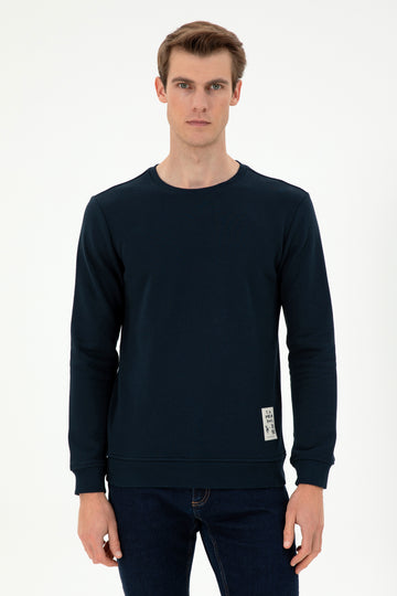 Men's Regular Fit Crew Neck Label Print Navy Sweatshirt