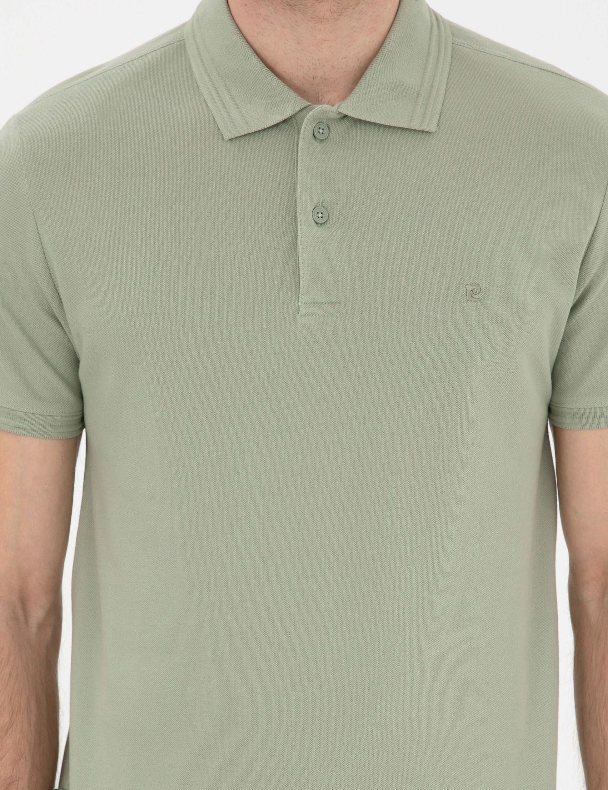 Cagla Green Slim Fit 100% Cotton Polo Neck Basic T-Shirt