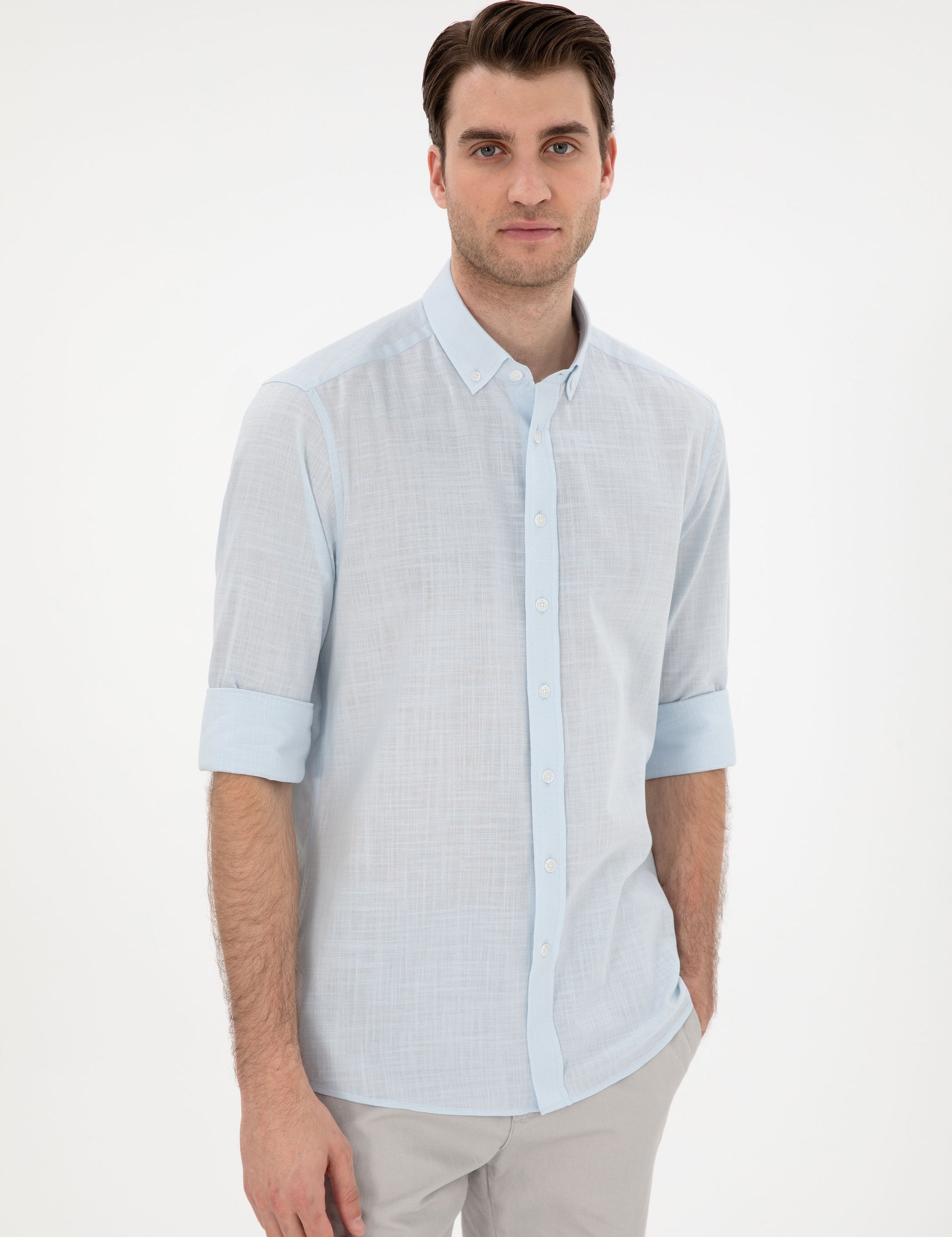 Light Blue Linen Look Slim Fit Long Sleeve Shirt