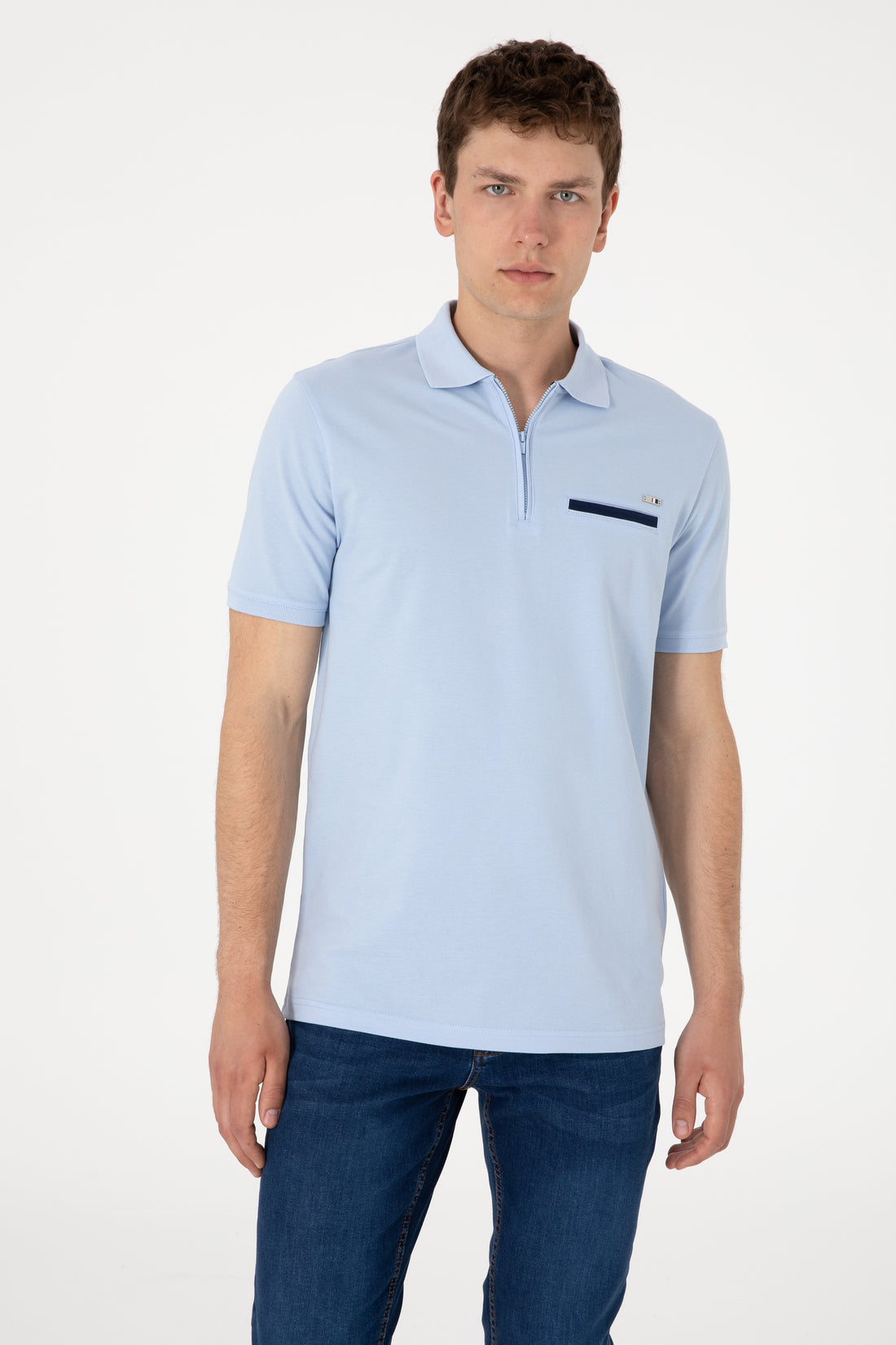 Men's Regular Fit Zipper Light Blue T-Shirt