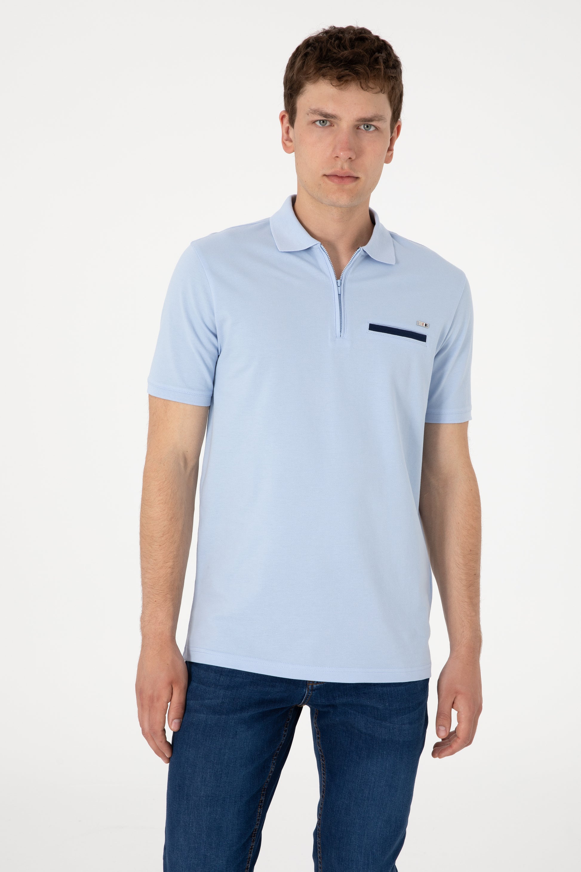 Men's Regular Fit Zipper Light Blue T-Shirt