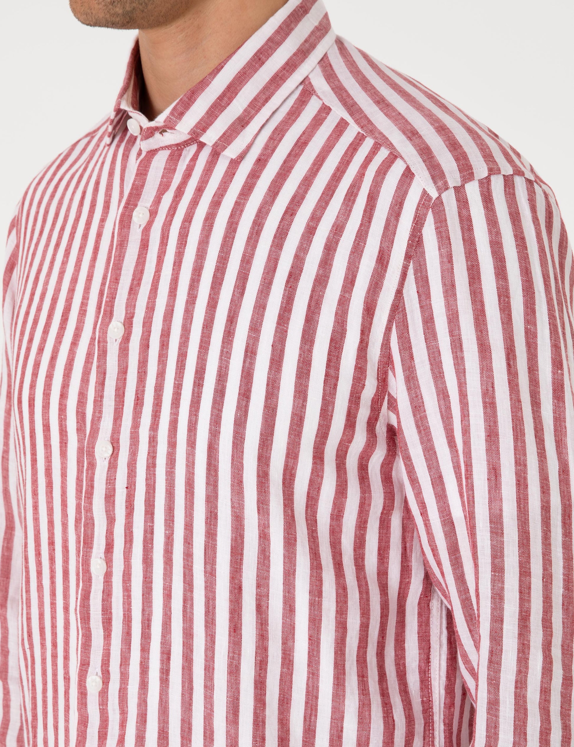 Nar ��i��e��i %100 Keten ��izgili Regular Fit Uzun Kollu G��mlek