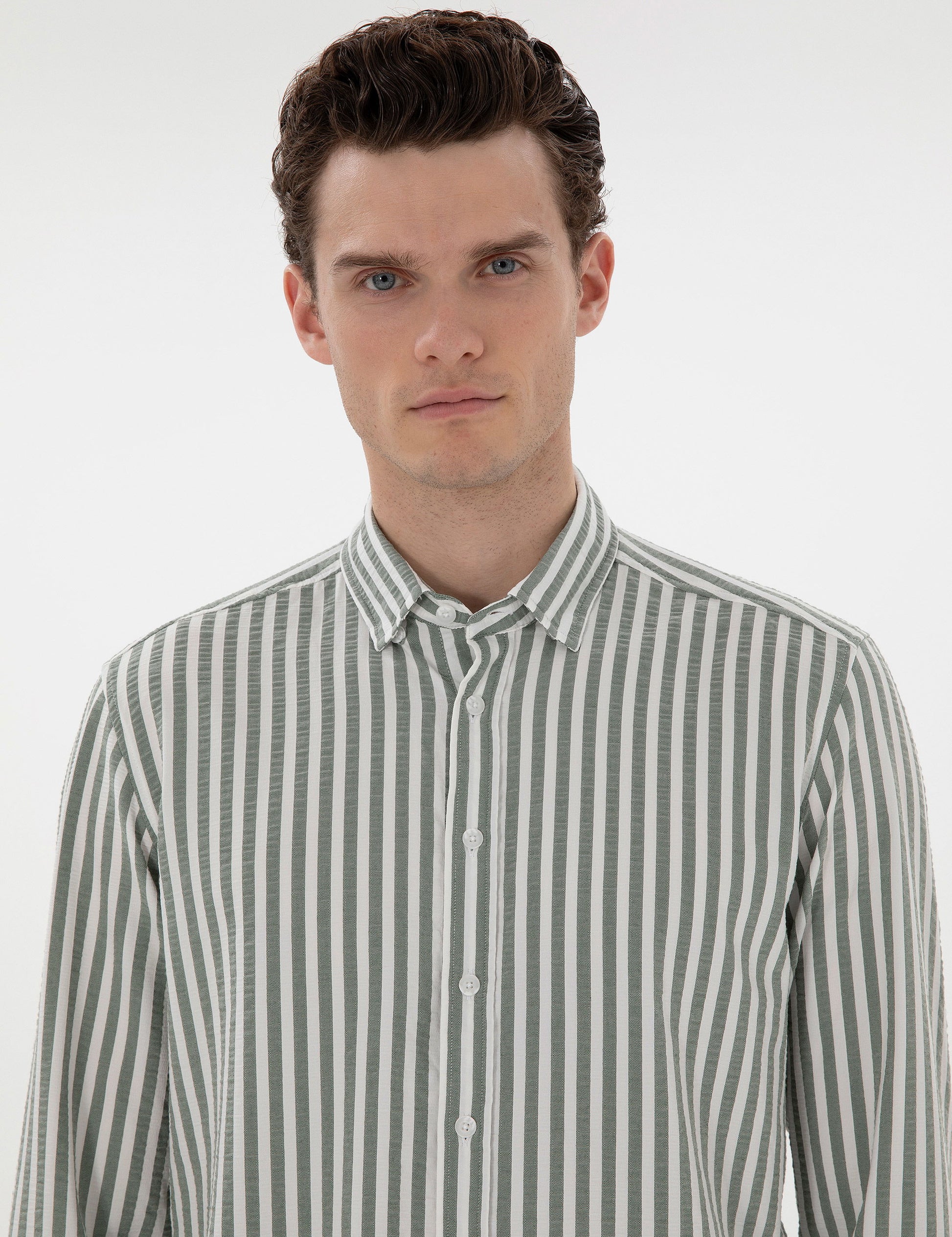 Khaki Regular Fit Striped Long Sleeve Shirt