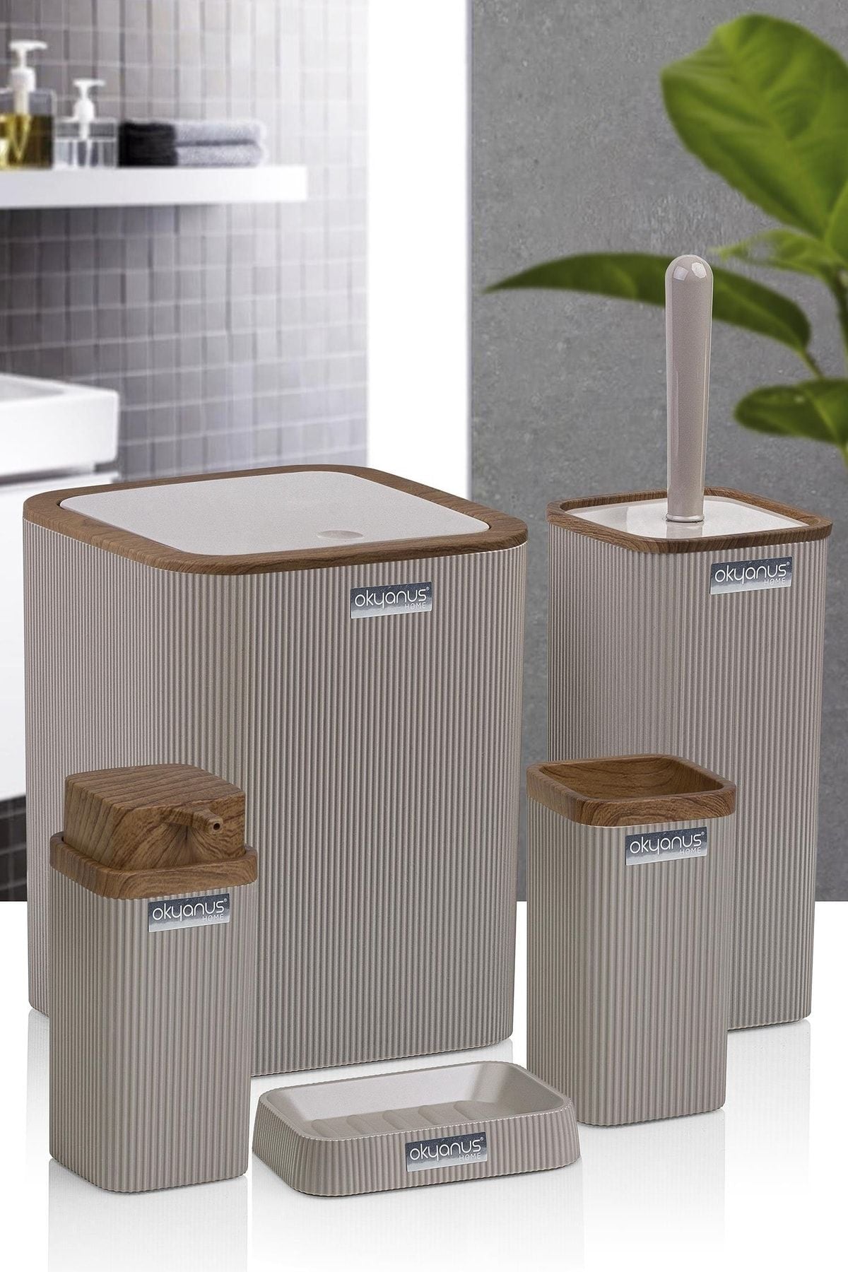 Stella Mink Wooden Pattern Striped 5-Piece Bathroom Set