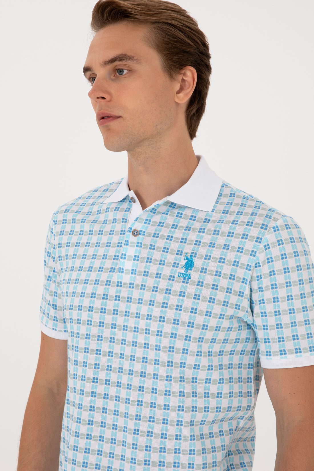 Men's Regular Fit Polo Neck Turquoise Patterned T-Shirt