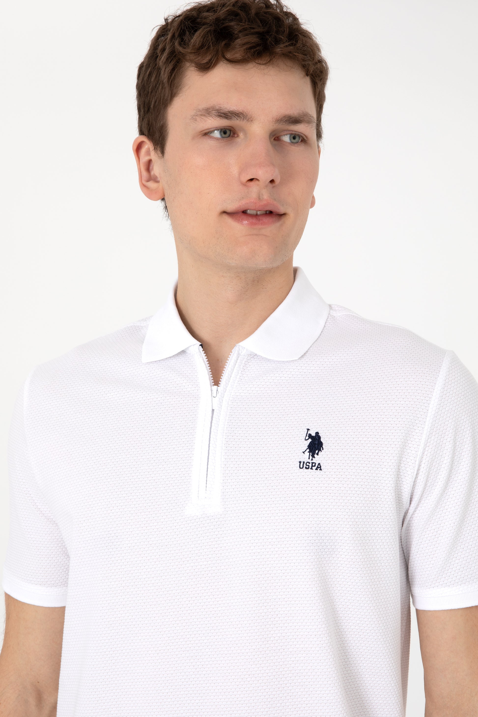 Men's Regular Fit Zipper White Textured T-Shirt