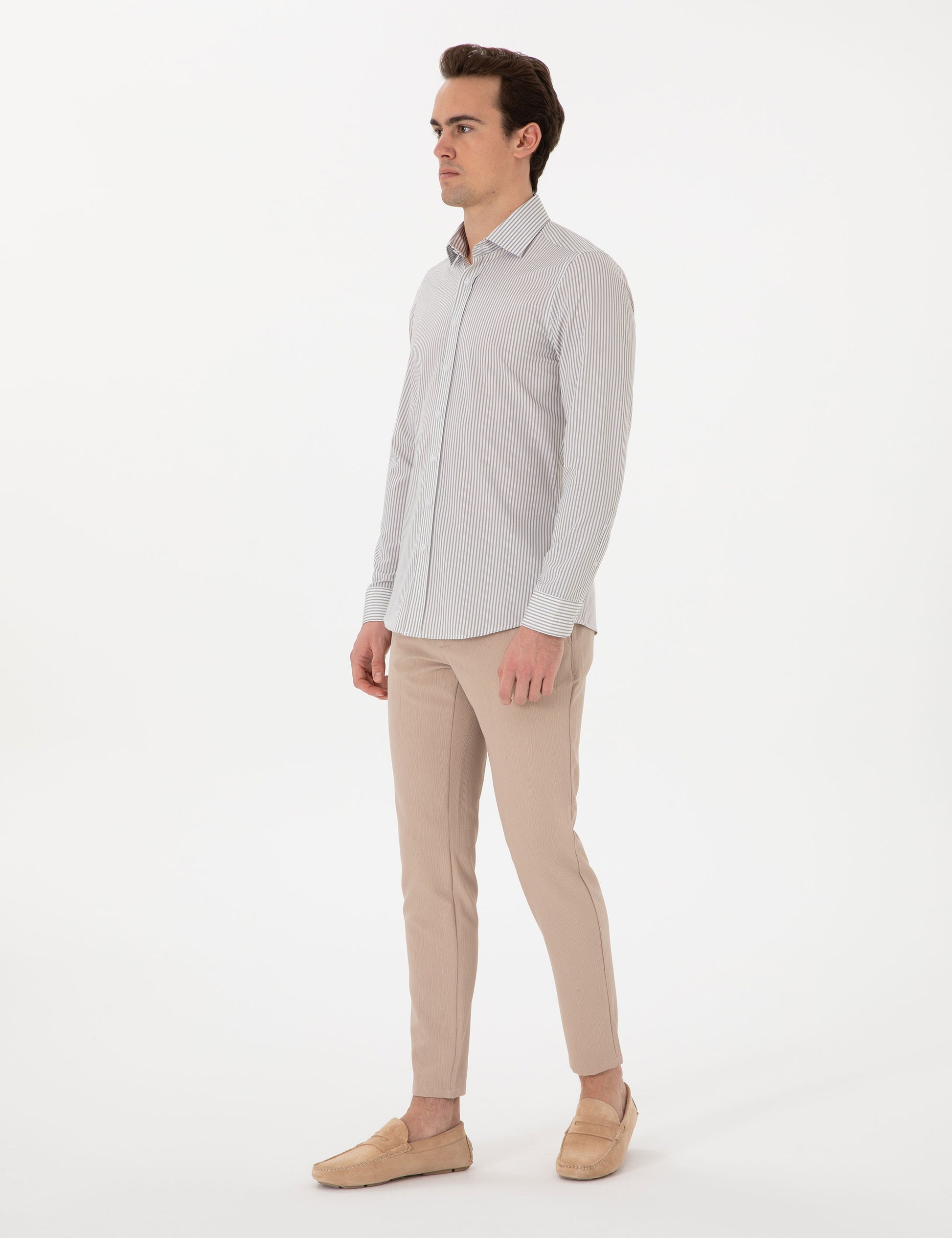 Khaki Striped Ex. Slim Fit Long Sleeve Shirt