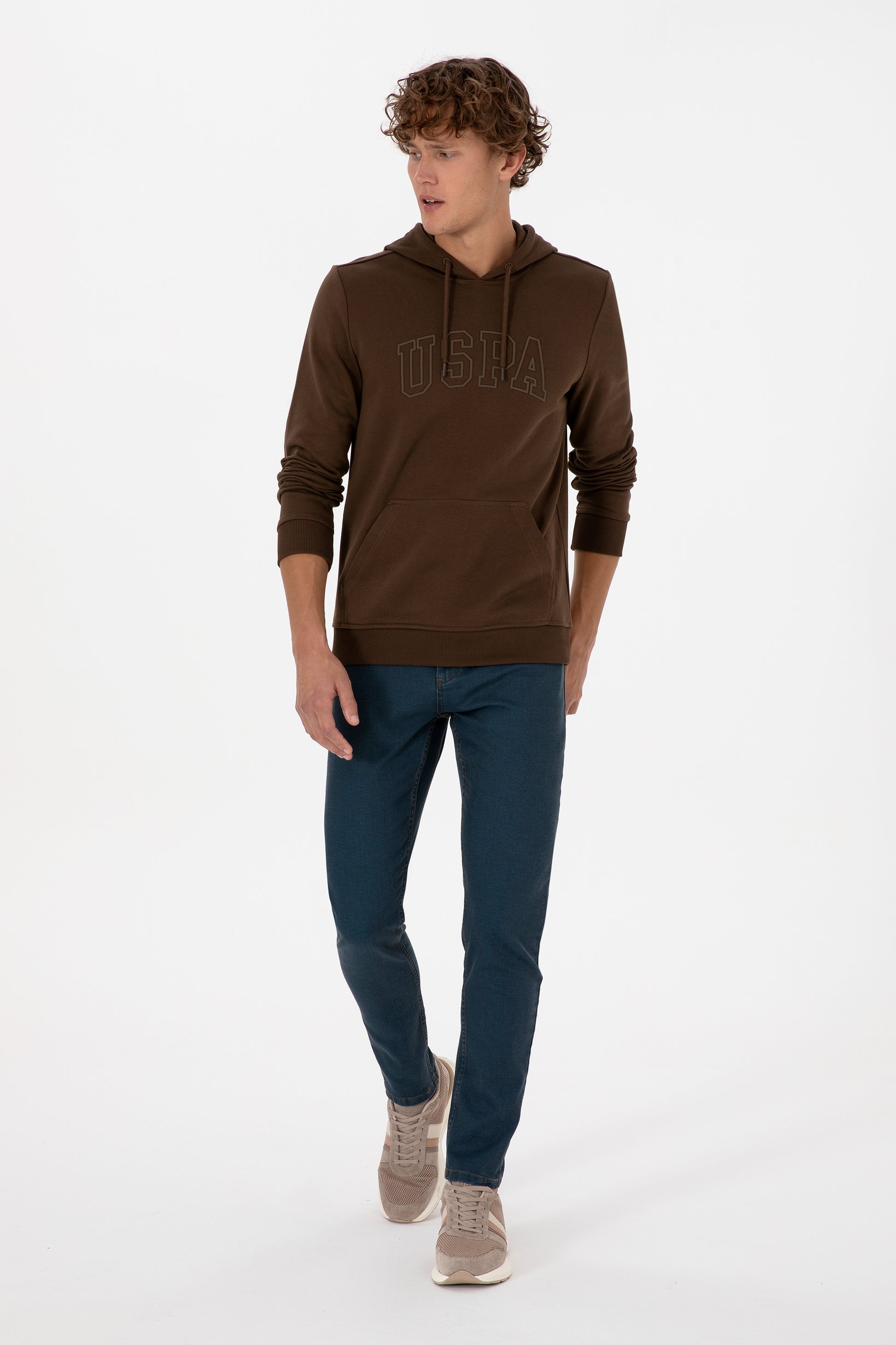 Erkek Regular Fit Kapüşonlu Kahverengi Basic Sweatshirt