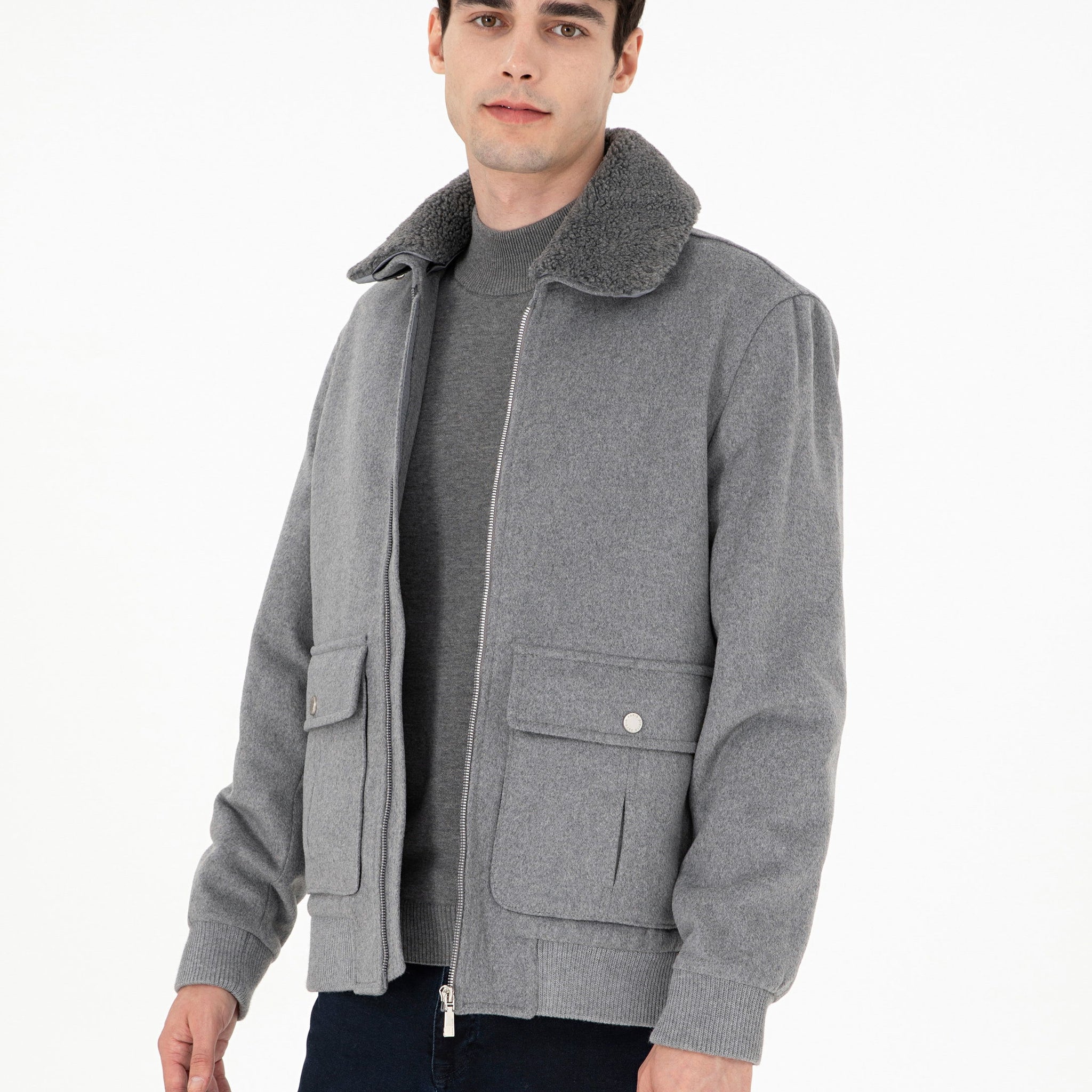 Grey Wool Blend Regular Fit Cashmere Coat