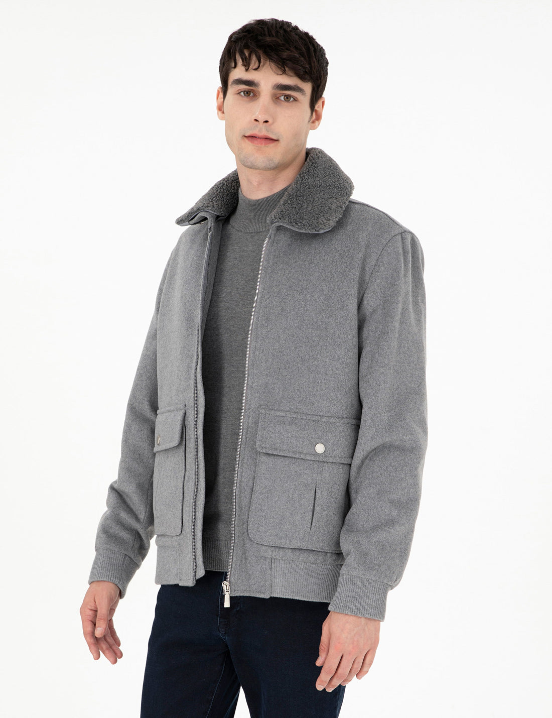 Grey Wool Blend Regular Fit Cashmere Coat