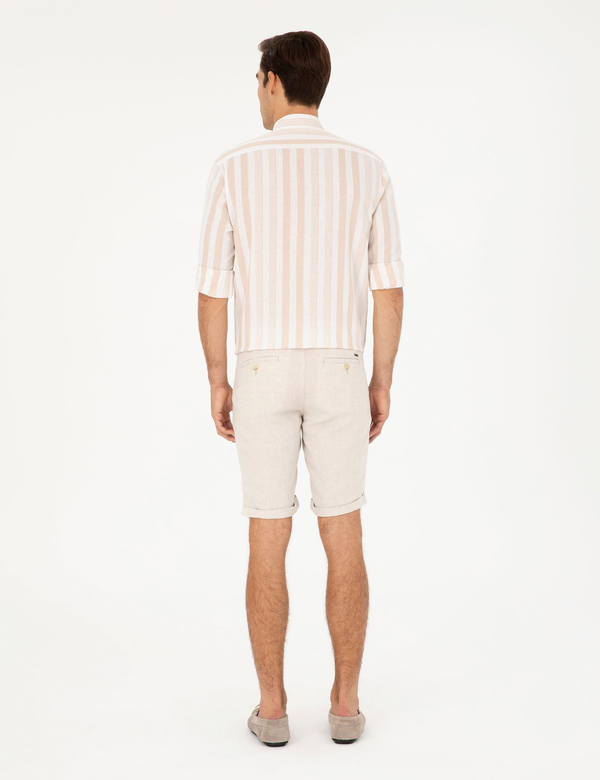 Beige Slim Fit Linen Blend Woven Shorts