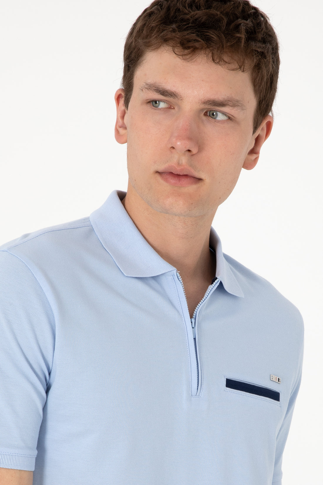 Men's Regular Fit Zipper Light Blue T-Shirt