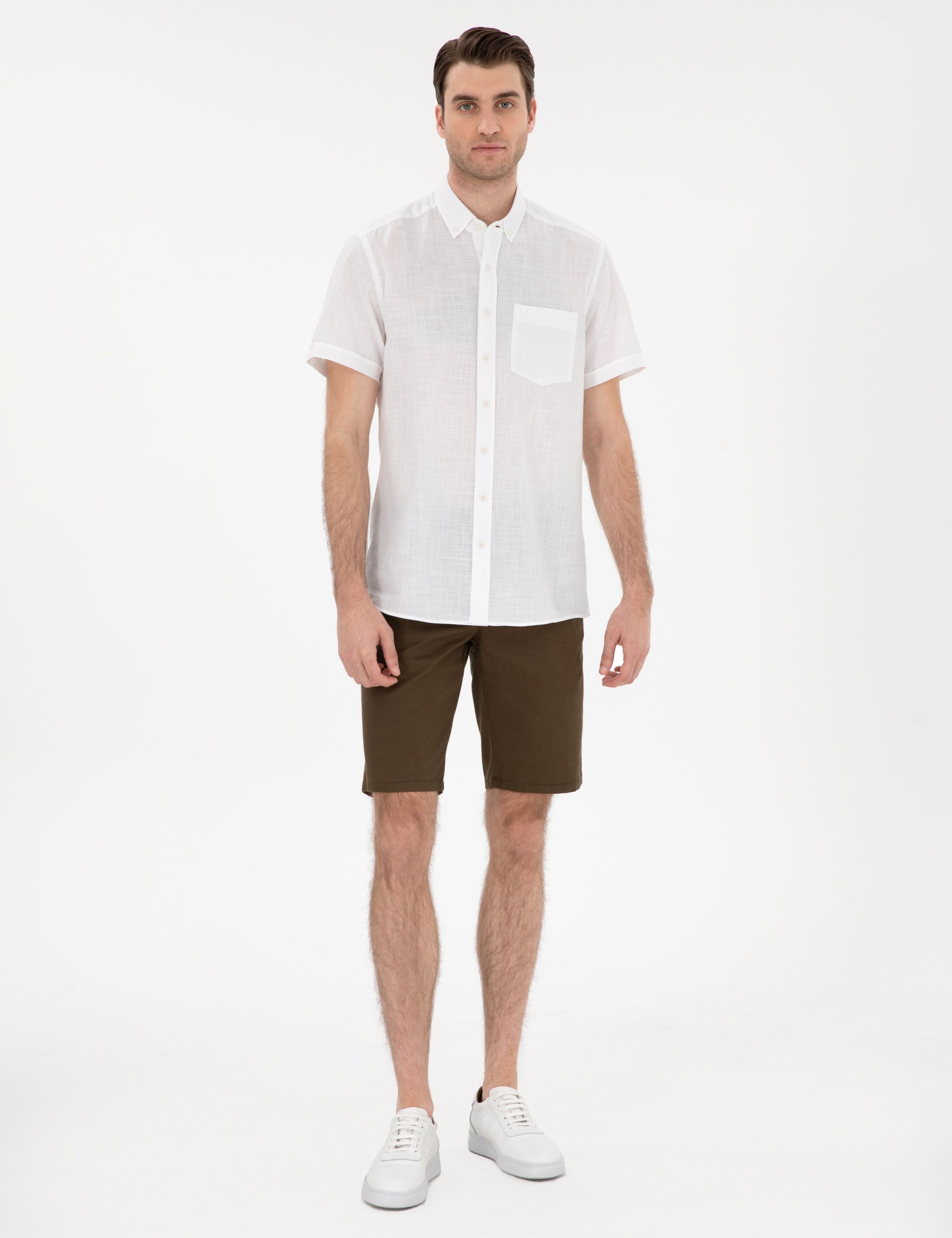 White Linen Look Regular Fit Short Sleeve Shirt