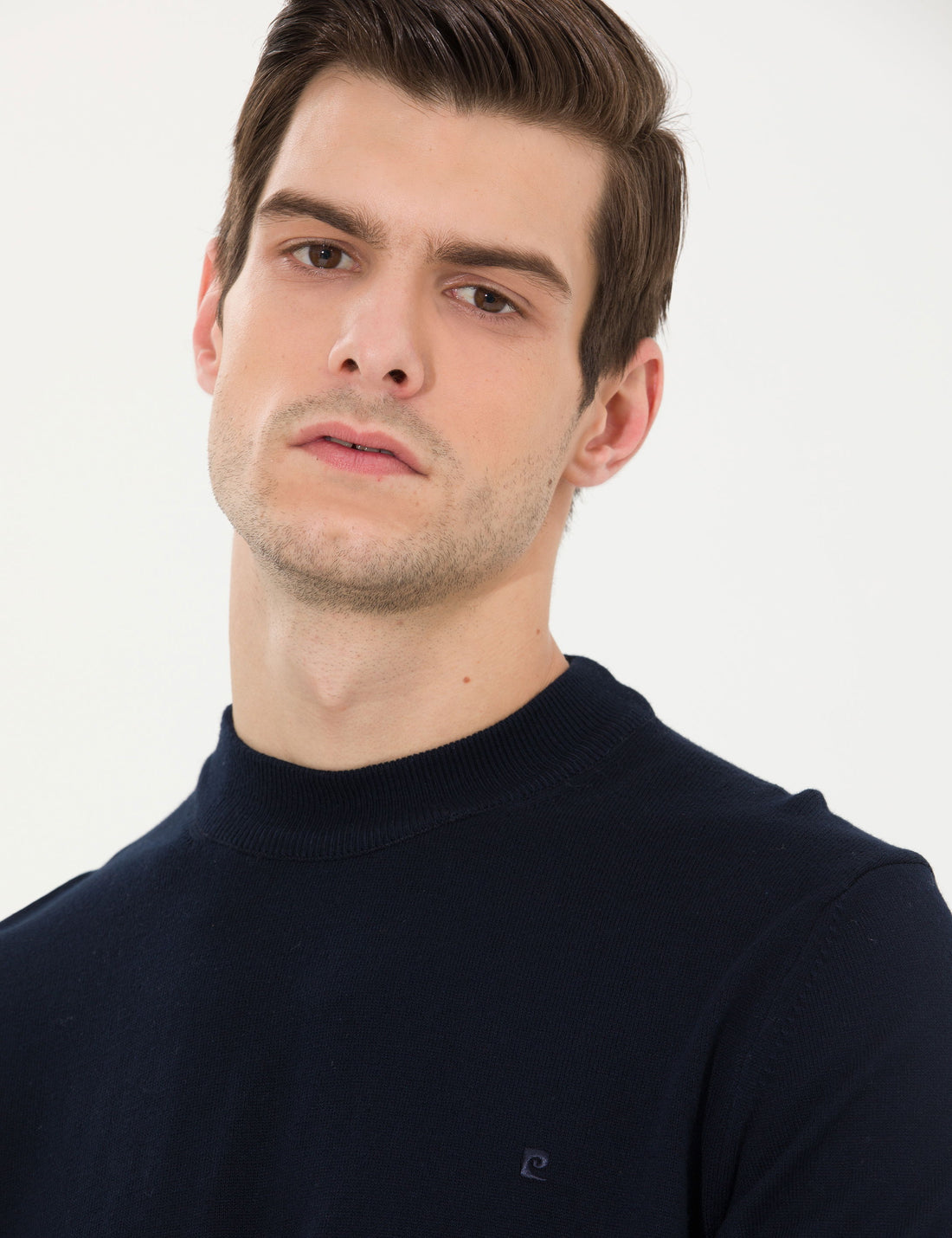 Navy Blue Slim Fit Quarter Neck Basic Knitwear Sweater