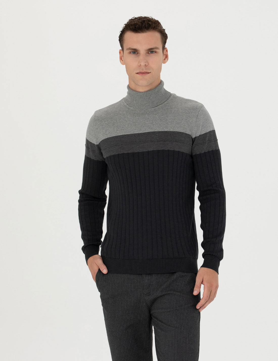 Anthracite Melange Slim Fit Turtleneck Sweater