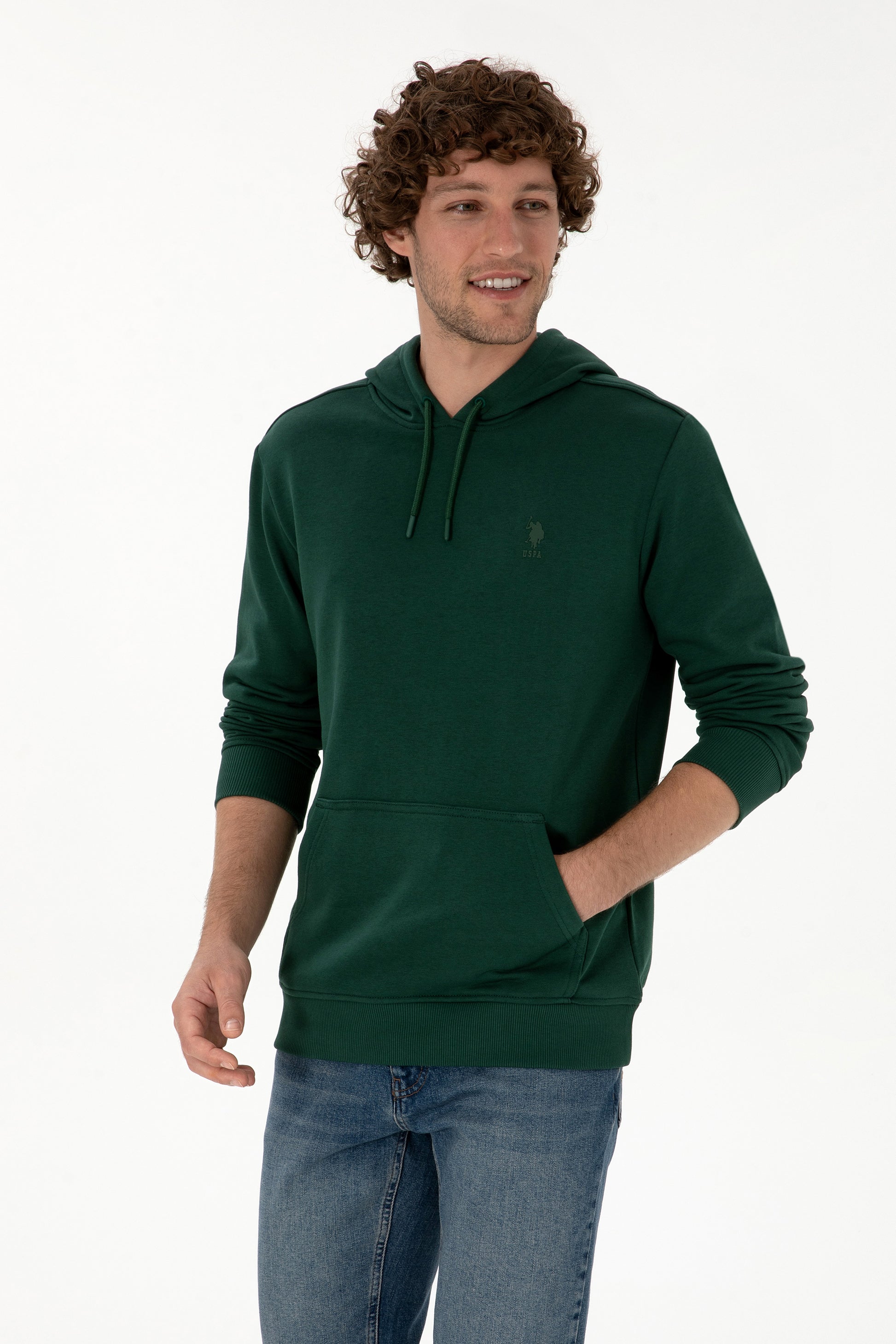 Erkek Regular Fit Kapişonlu Koyu Yeşil Basic Sweatshirt